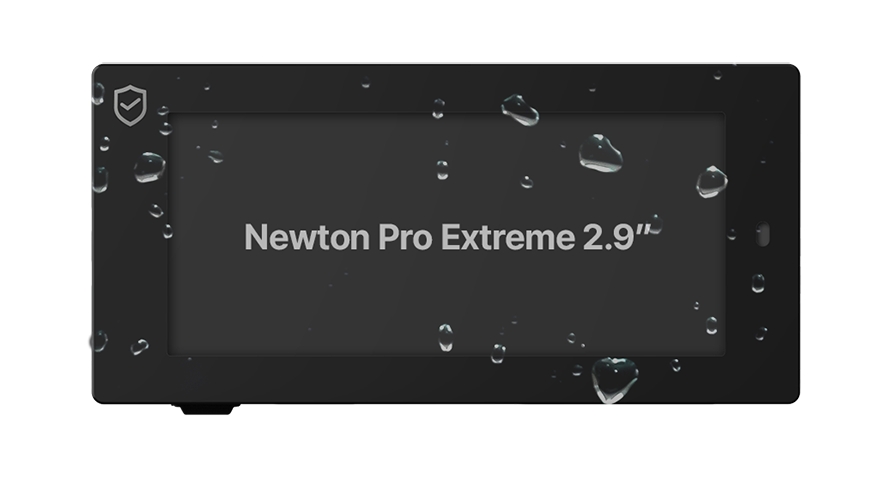 Newton Pro Extreme label splashed with water, showing IP68 protection